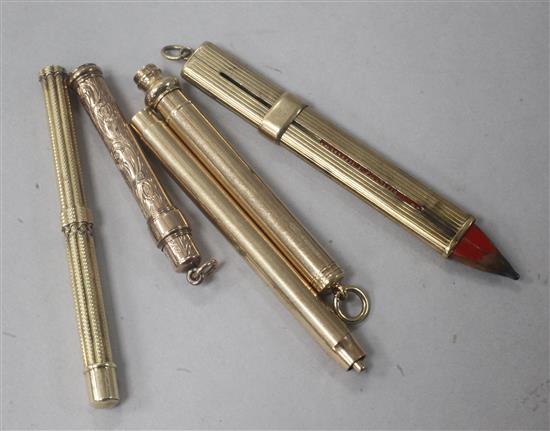 An Edwardian 9ct gold cased propelling pencil by Sampson Mordan & Co, three other 9ct gold overlaid propelling pencils & 1 other.